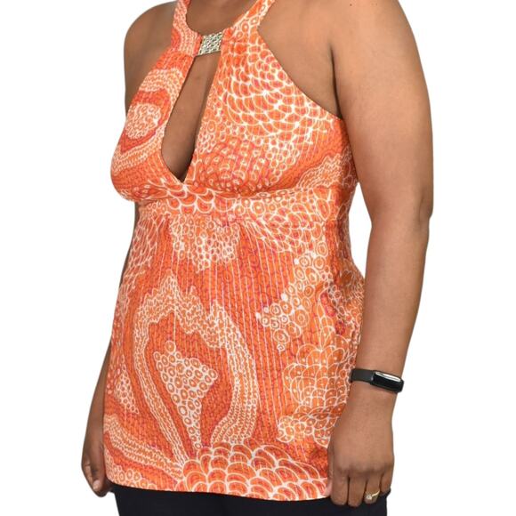 Trina Turk Halter Top Orange Metallic Tunic Keyhole Plunge Retro Y2K Size 6 - Picture 4 of 15